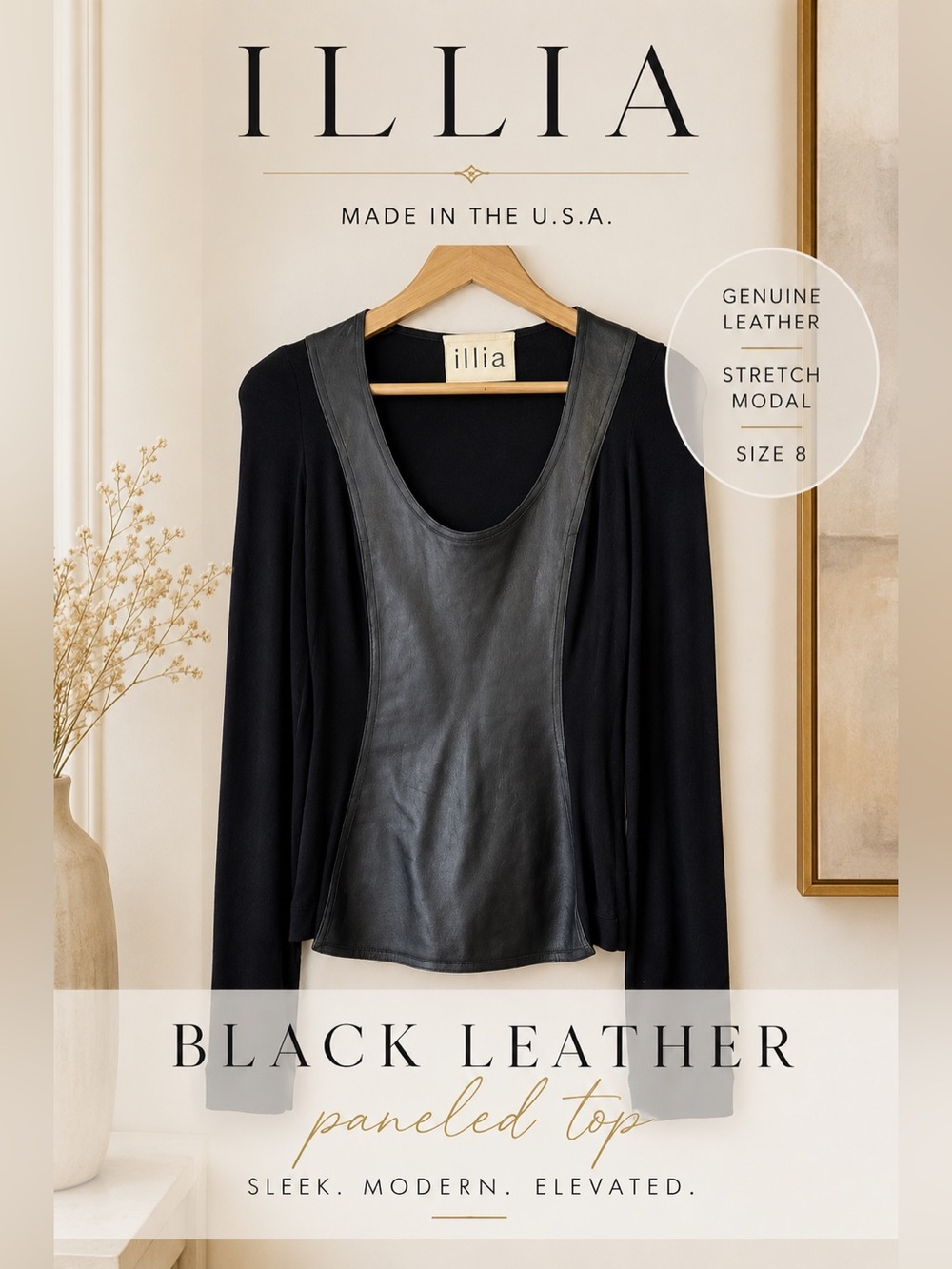 ILLIA Black Genuine Leather Paneled Stretch Modal Long Sleeve Top Size 8